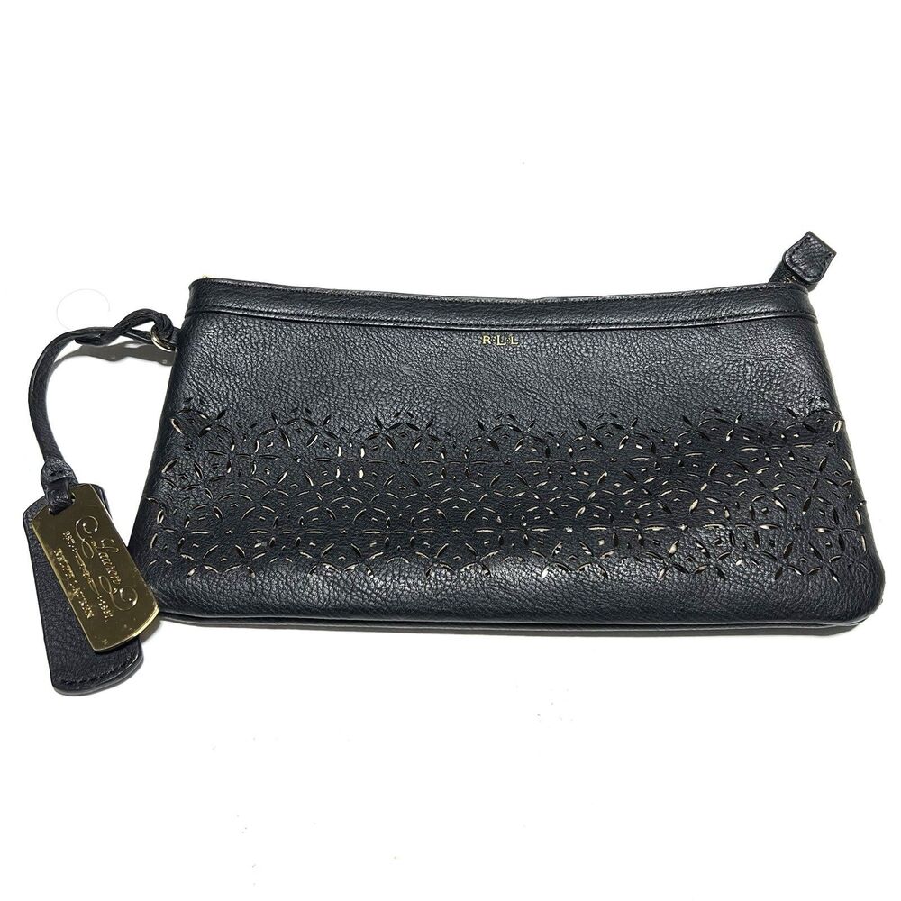 Lauren Ralph Lauren Chantilly II laser-cut perforated black leather clutch pouch